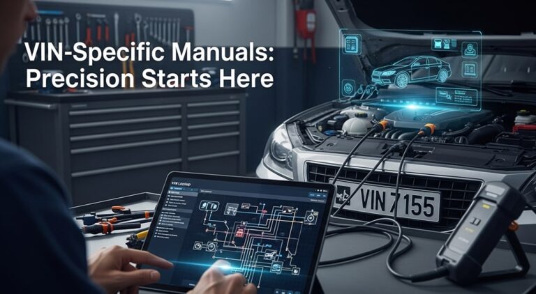 Photo-realistic image of a mechanic using a digital VIN-specific car manual on a tablet beside an open vehicle in a modern workshop
