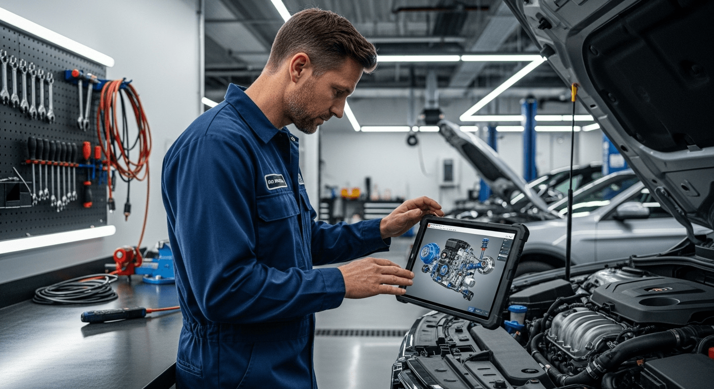 Mechanic using tablet for VIN-based car manual