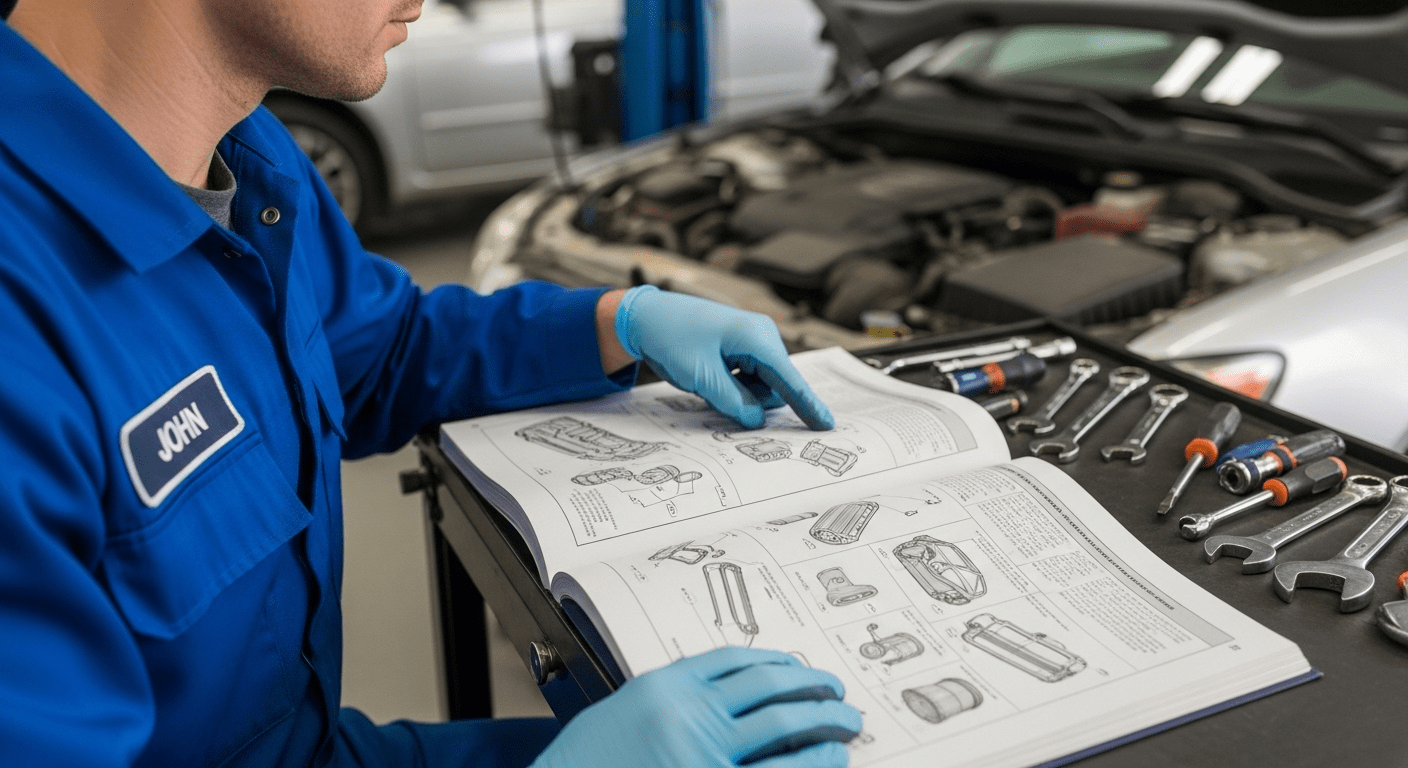 Mechanic using detailed model-specific car manual