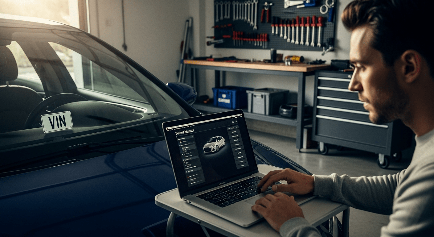 Driver verifying VIN and viewing car manual online