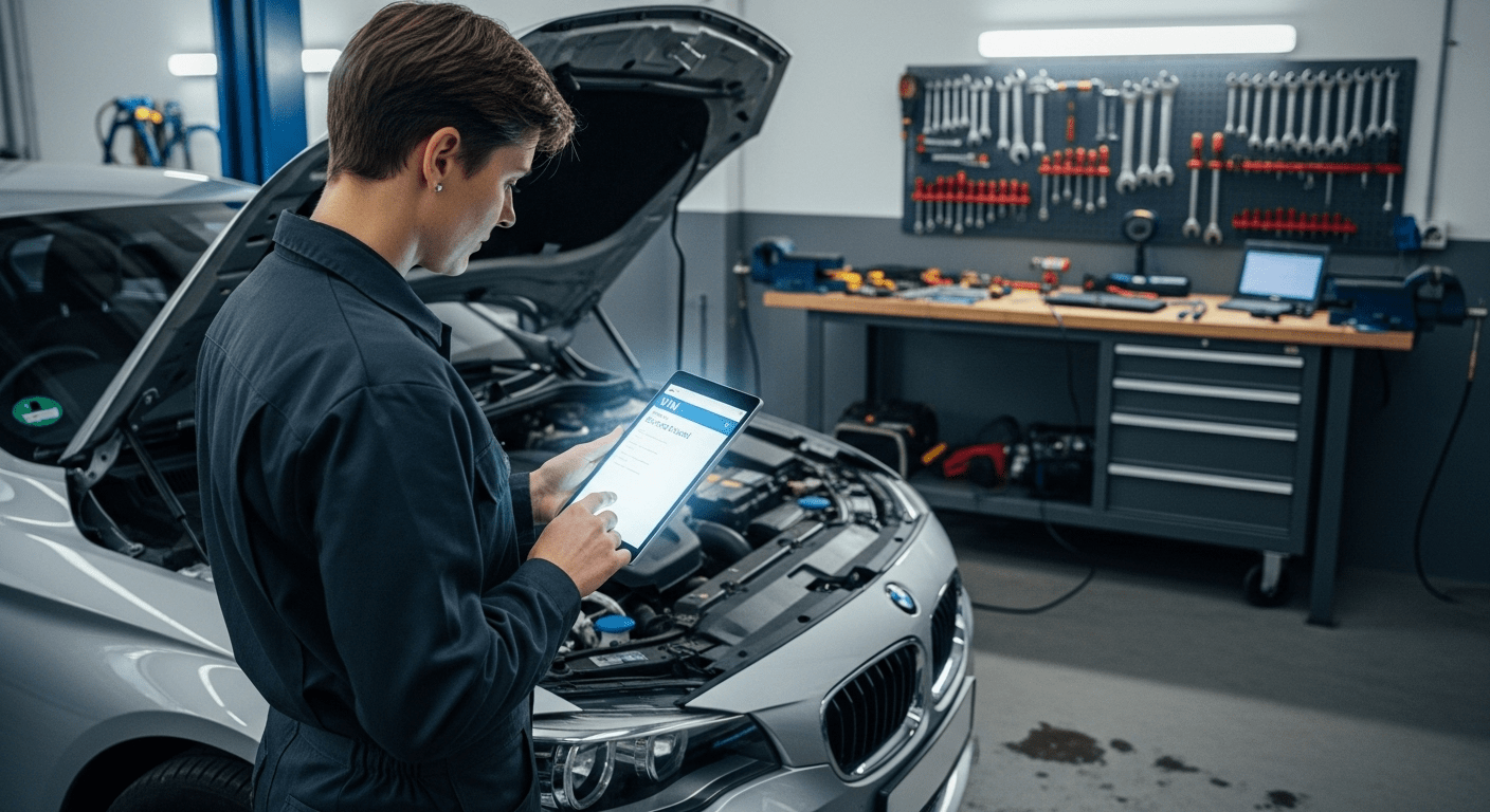 Mechanic using digital VIN manual beside car in workshop