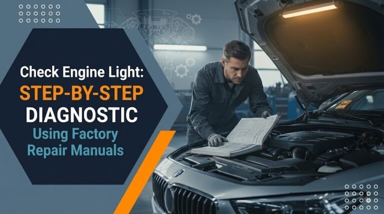 A focused technician studies a factory repair manual while leaning over the open hood of a car in a professional garage.