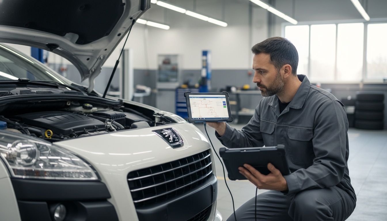 A focused mechanic in a modern workshop compares a digital tablet diagnostic flowchart to a scan tool connected to a Peugeot 3008 Hybrid4 with its hood open.