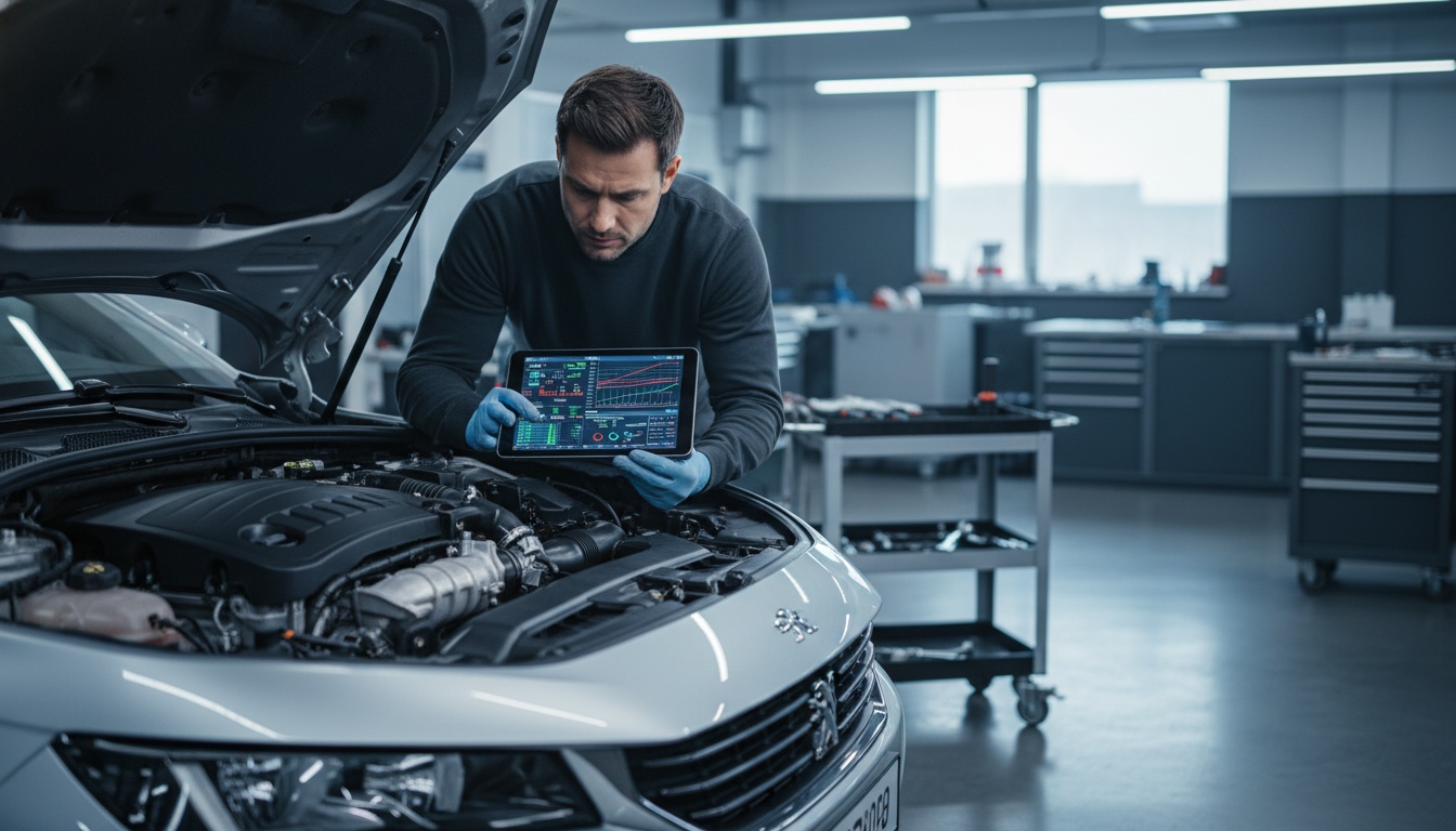 A professional technician compares digital sensor data on a glowing diagnostic tablet to the exposed engine of a Peugeot 508 SW in a modern workshop.