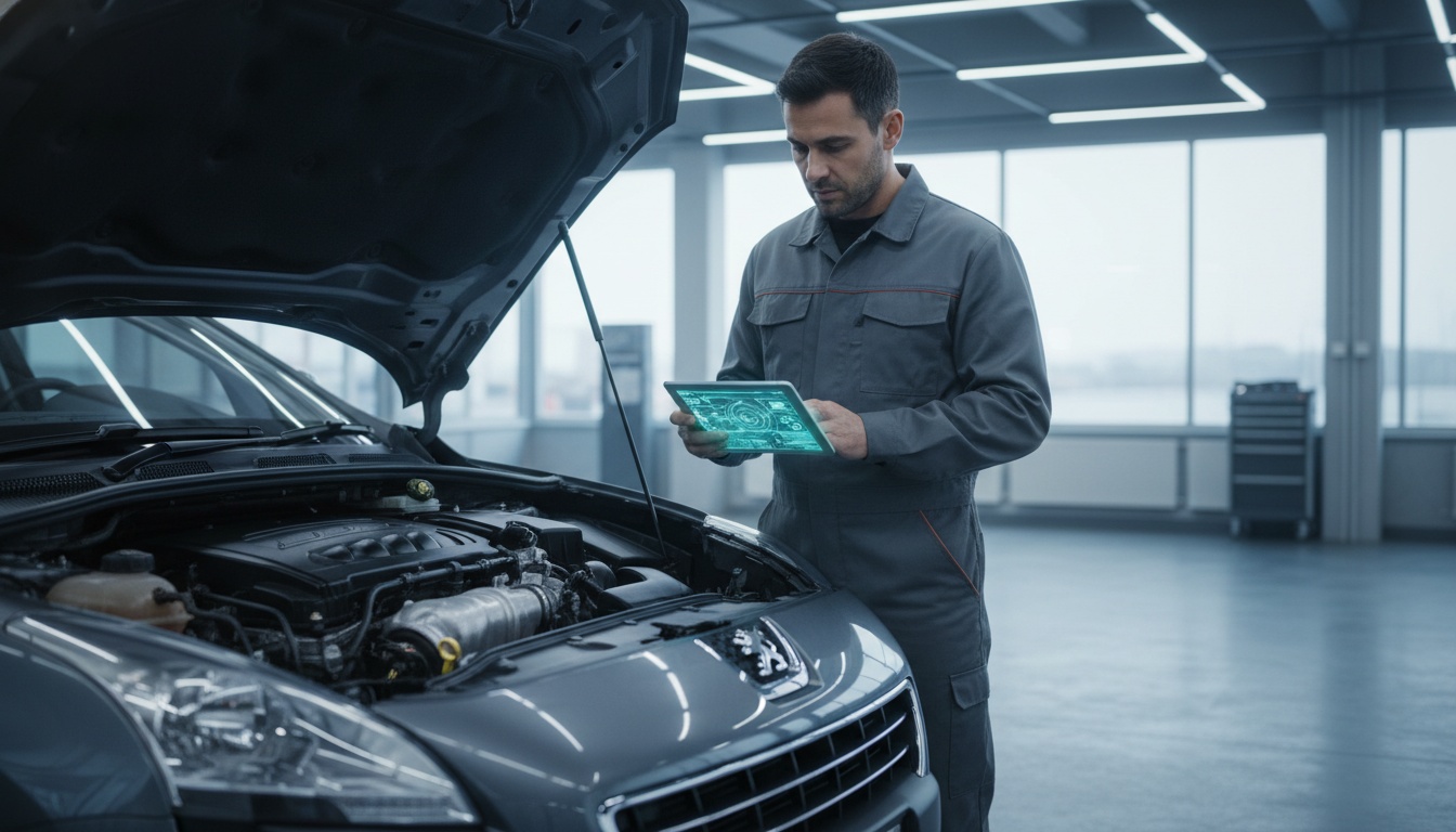 A technician uses a digital diagnostic tablet to inspect the open turbocharged engine of a Peugeot 3008 in a modern garage.