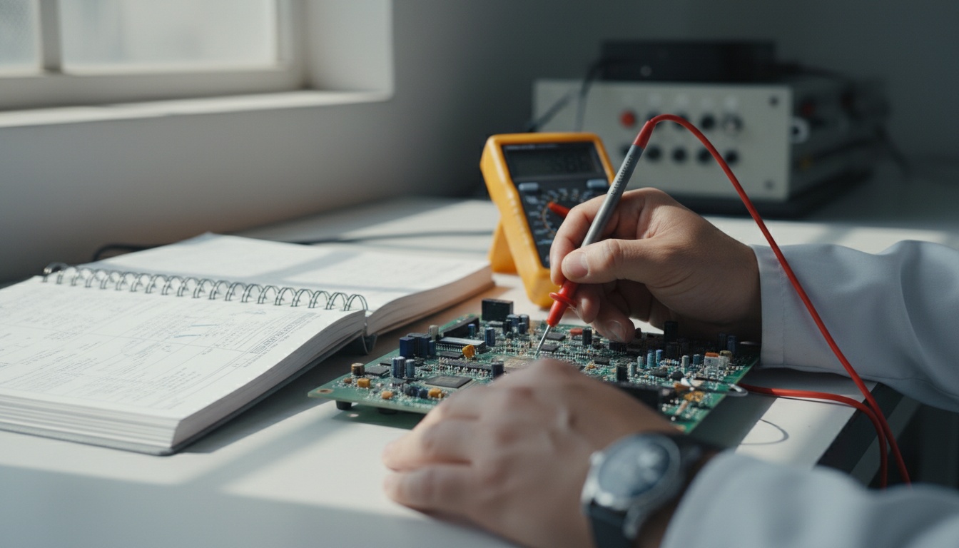 A technician uses sharp multimeter probes to test specific pin points on a complex electrical circuit board next to an open factory manual.