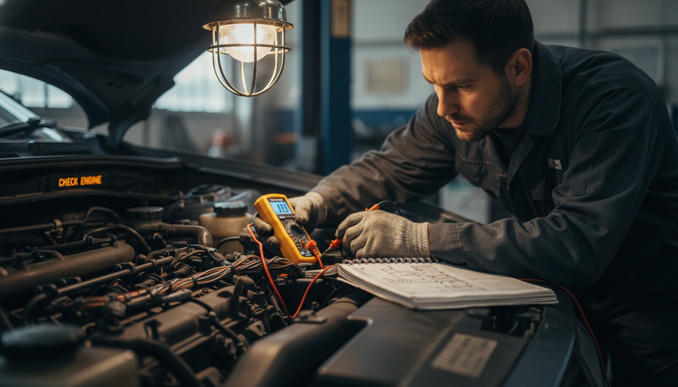 A focused mechanic probes a car's intricate wiring harness with a multimeter in a professional repair shop next to an open service manual.