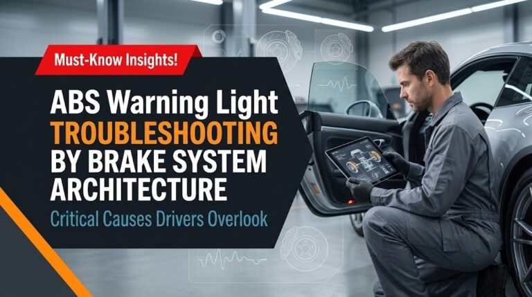 A technician in a modern automotive garage examines a car's hydraulic and electronic braking system while referencing a digital workshop manual on a tablet.