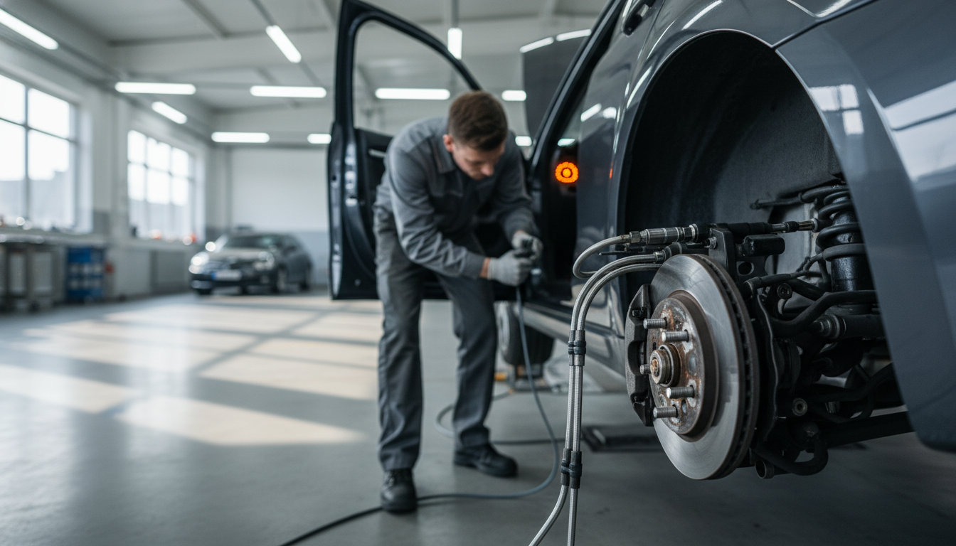 A technician in a modern workshop examines a car’s complex hydraulic brake assembly while a bright orange ABS warning light glows on the dashboard.