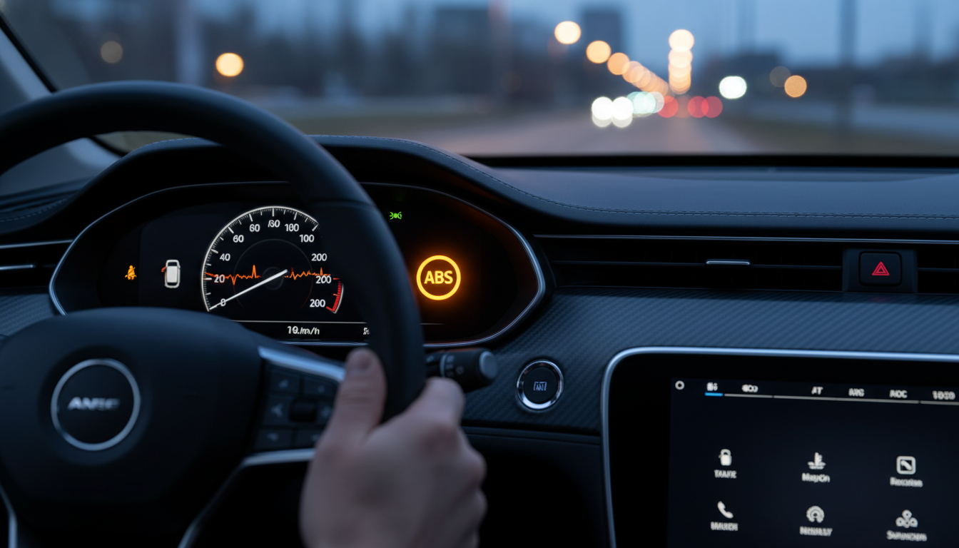 An amber ABS warning light glows on a modern car dashboard next to a flickering speedometer needle under blue digital backlighting.