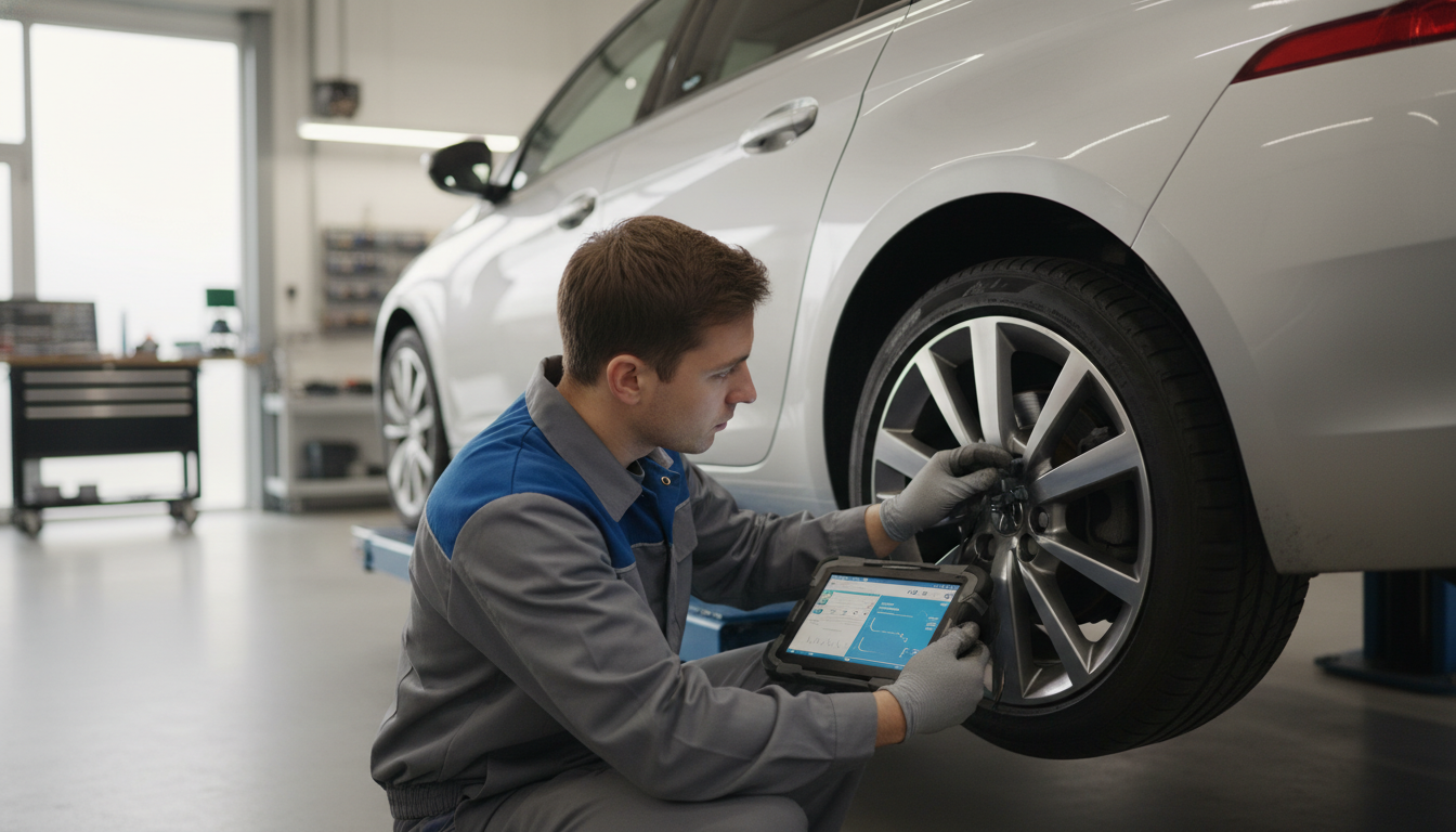 A mechanic uses a handheld diagnostic tablet to calibrate an ABS sensor on a silver Peugeot 308 SW inside a professional workshop.