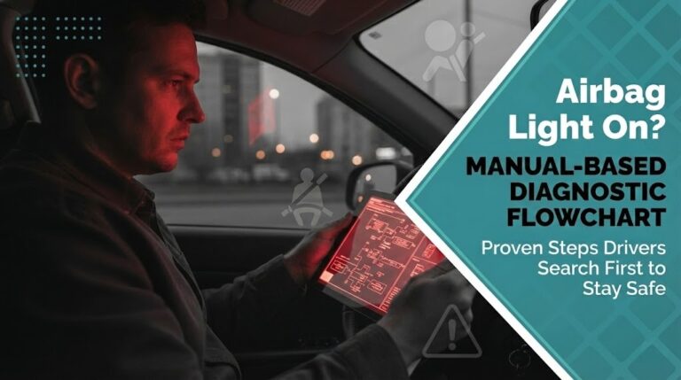 A concerned driver examines a technical diagnostic flowchart inside a car cabin while a red airbag warning light glows on the dashboard.