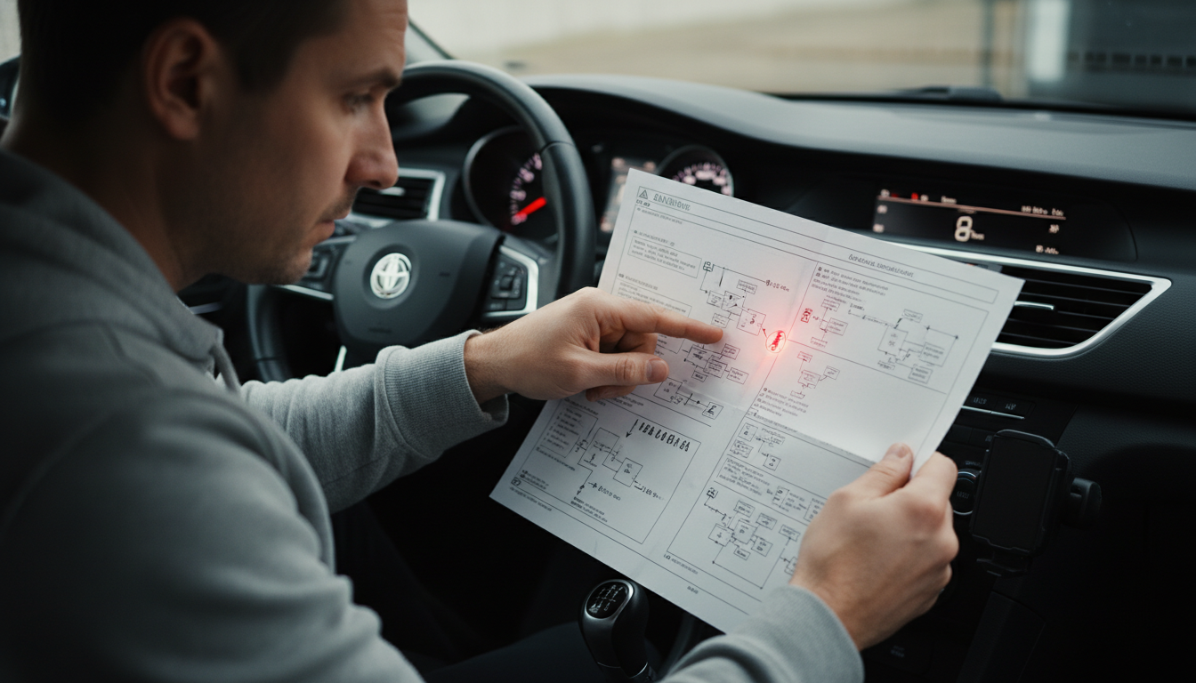 A focused driver in a modern car compares a paper diagnostic flowchart to a glowing red airbag warning light on the instrument panel.