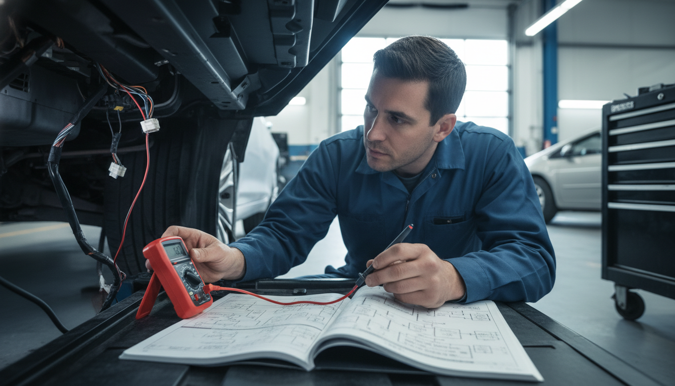 A focused mechanic uses a multimeter to probe a circuit under the dashboard of a Hyundai Genesis inside a brightly lit garage while referencing a diagnostic flowchart in a service manual.