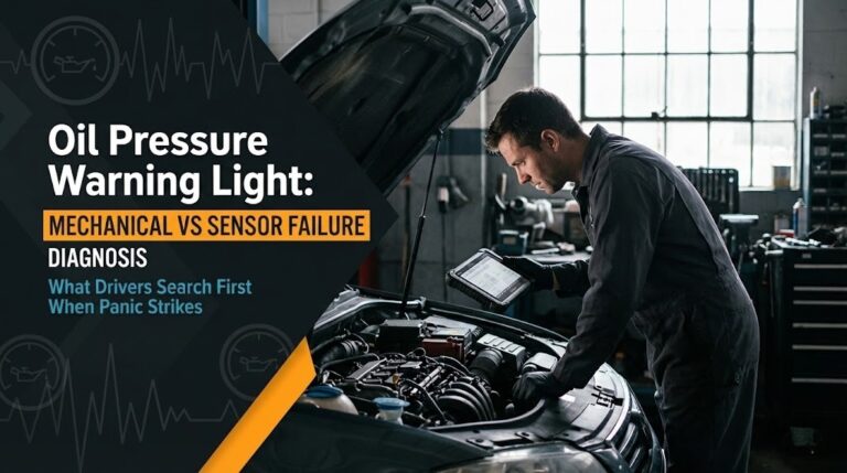 A focused mechanic inspects an open car engine with diagnostic tools in a dimly lit garage while a red oil pressure warning light glows on the dashboard.