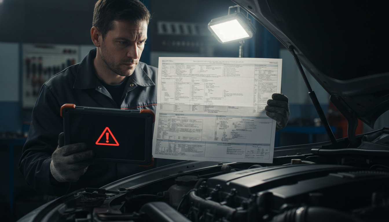 A focused mechanic in a dimly lit workshop compares a red oil pressure icon on a handheld tablet to a diagnostic flowchart next to an open car engine.