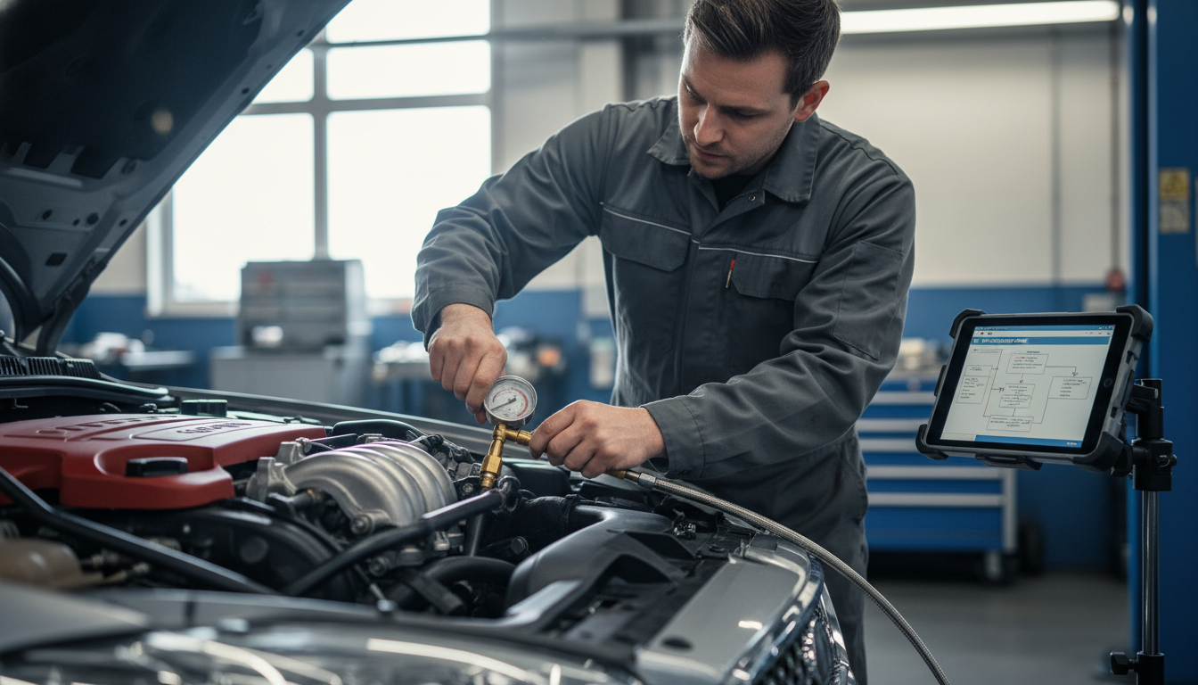 A focused mechanic in a brightly lit workshop attaches a mechanical oil pressure gauge to a Ford Mondeo XR5 Turbo engine while consulting a diagnostic flowchart on a tablet.