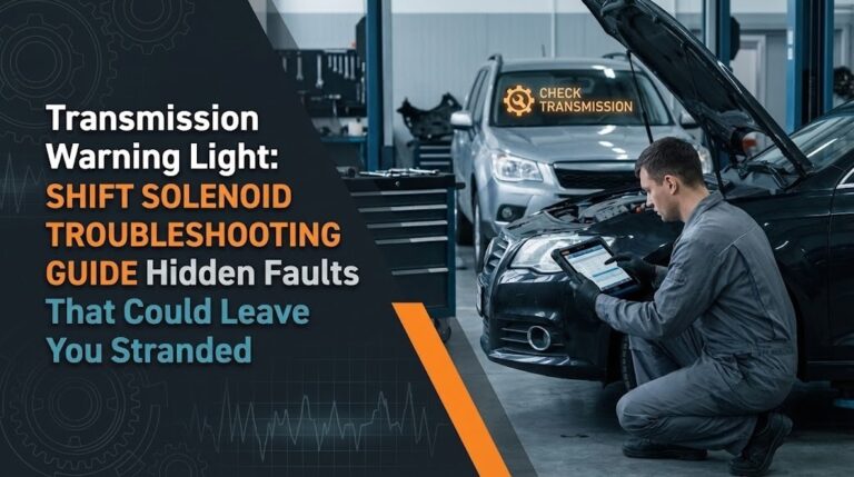 A focused mechanic in a professional garage uses a glowing diagnostic scanner to troubleshoot a car transmission while an orange warning light shines on the dashboard.