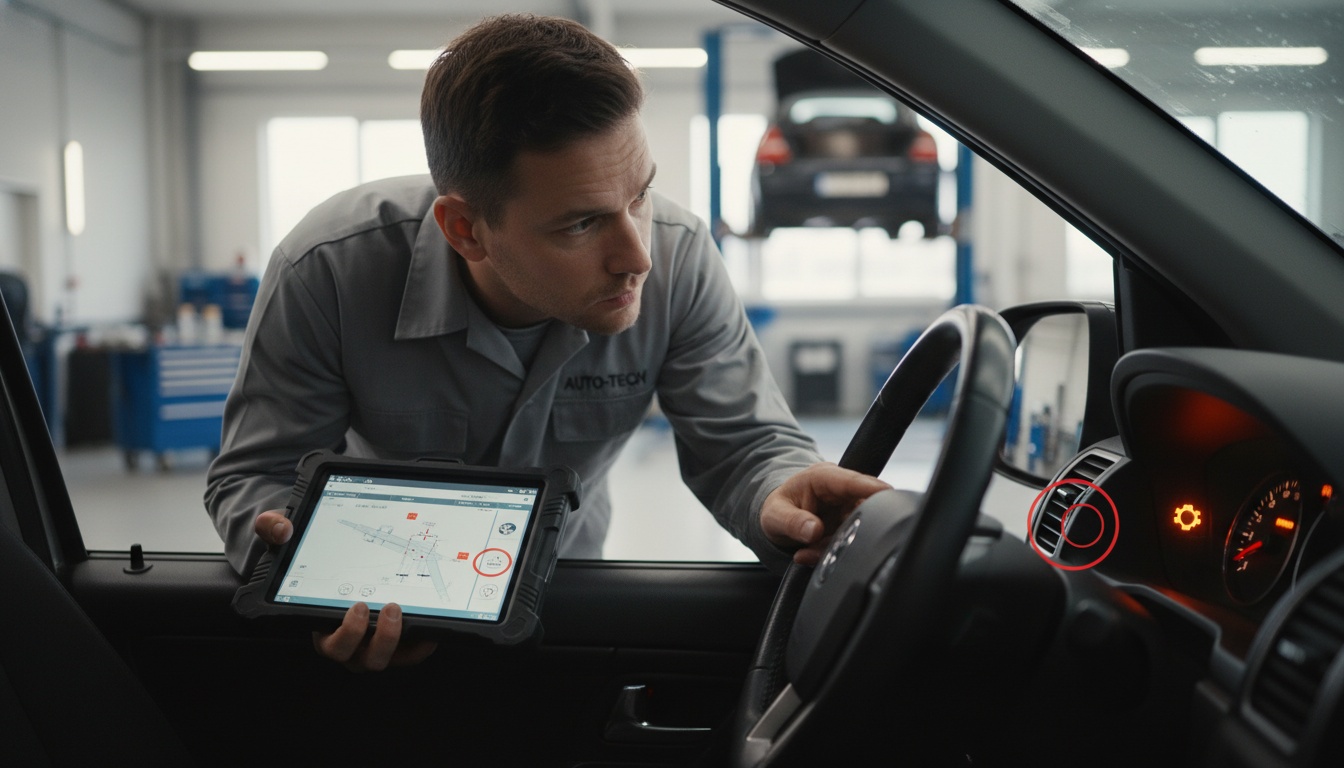 An automotive technician uses a digital diagnostic tablet to inspect a glowing orange transmission warning light on a vehicle's dashboard inside a professional garage.