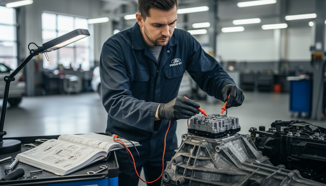 A professional mechanic uses a digital multimeter to test transmission solenoids on a Ford Focus ST inside a brightly lit auto garage.
