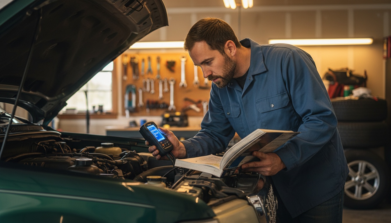 A focused mechanic compares a glowing OBD-II scanner to a workshop manual while working on a Ford Explorer in a home garage.