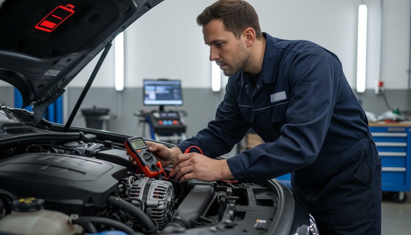 A focused mechanic in a clean workshop uses a digital multimeter to test a car's alternator while a red battery icon glows on the dashboard.