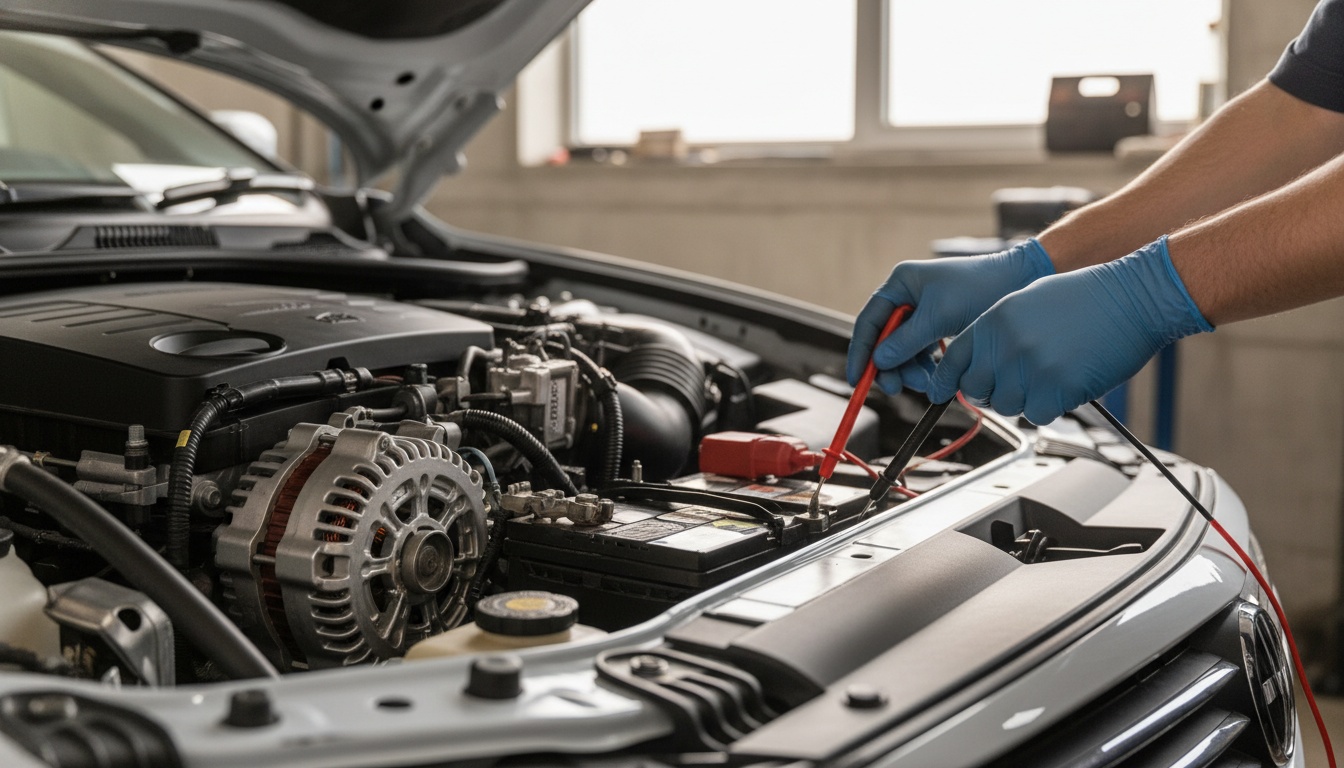 A technician presses digital multimeter probes against car battery terminals inside a clean engine bay under bright workshop lighting.