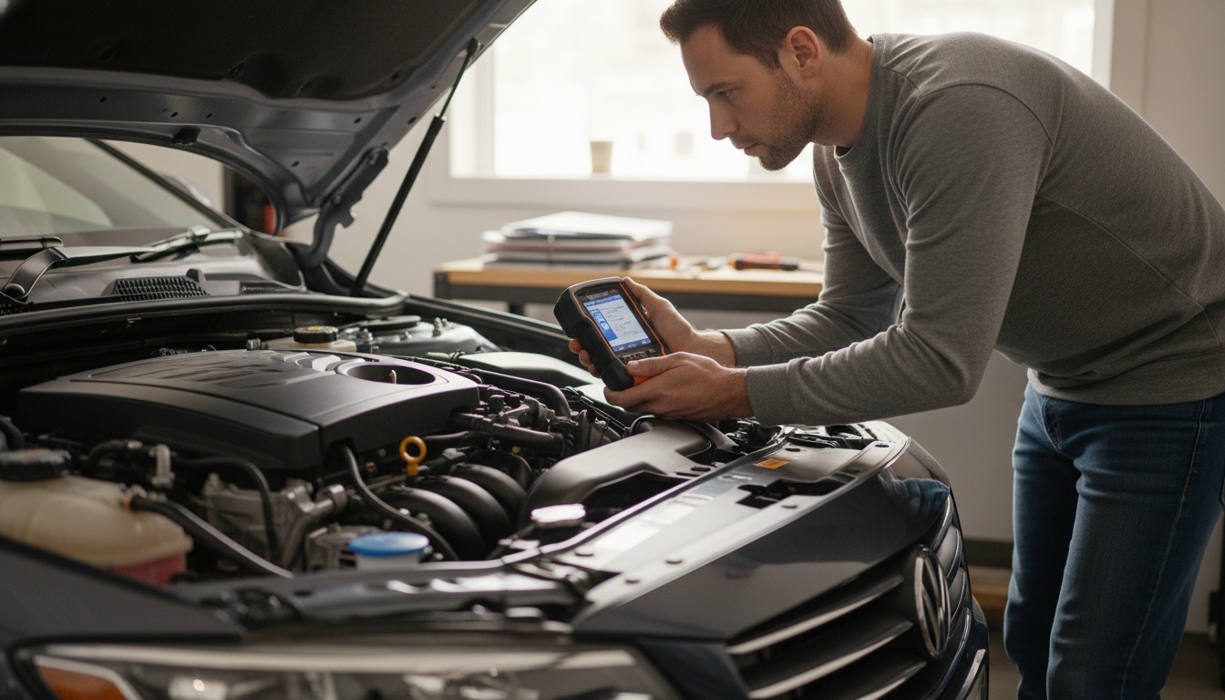 A person uses a handheld OBD-II scanner to diagnose a car engine inside a brightly lit garage with the hood propped open.