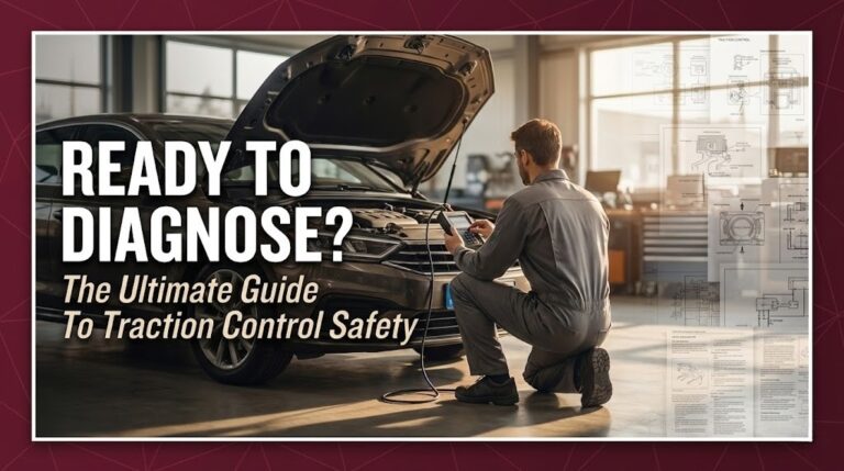 A focused mechanic reviews a service manual on a workbench in a dimly lit garage next to a car with a glowing amber traction control dashboard light.