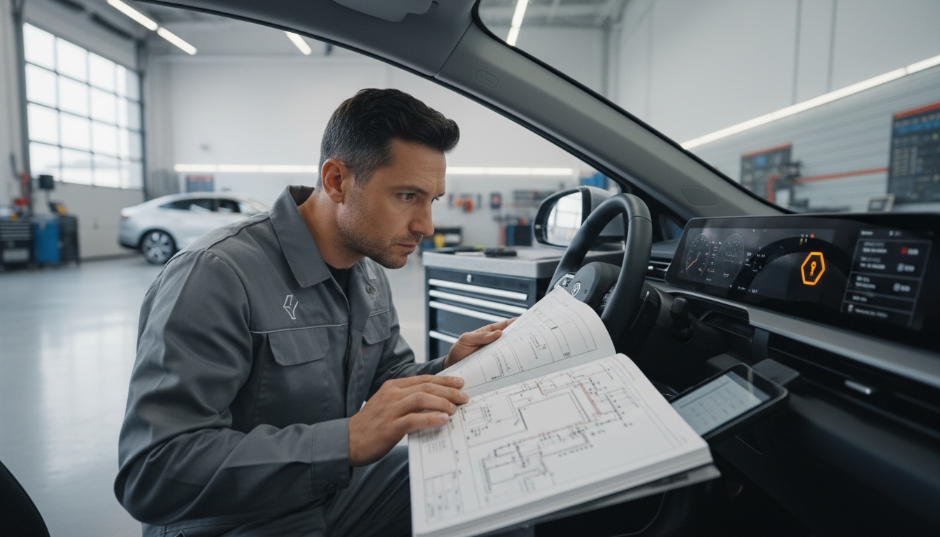 A focused technician in a modern workshop compares an OEM technical manual to an illuminated amber traction control light on a vehicle's dashboard.