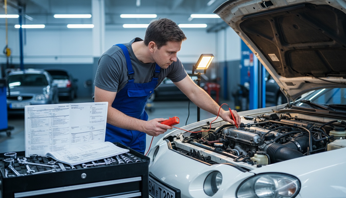 A technician uses a multimeter to test the engine components of a Toyota Celica GT Convertible in a professional garage while referencing a service manual.