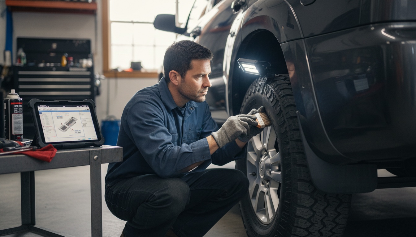 A DIY mechanic cleans a wheel speed sensor on a Toyota Sequoia while referencing a workshop manual on a tablet in a garage.