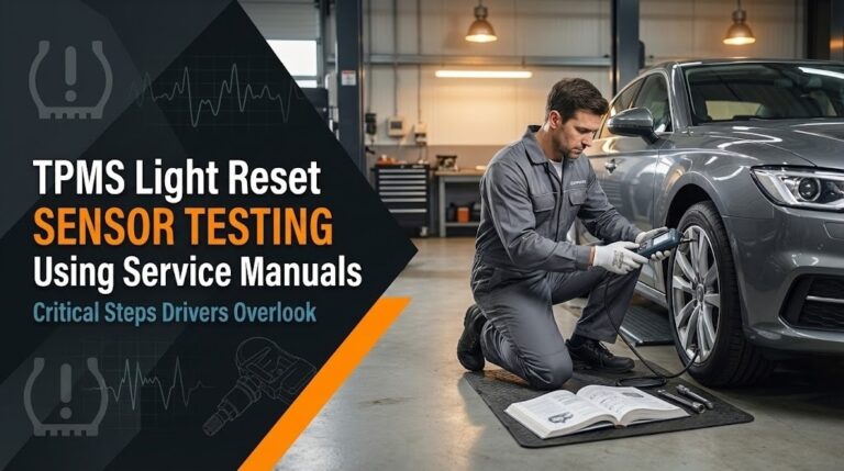 A technician in a professional garage tests a car tire sensor using a diagnostic tool near a service manual and glowing TPMS warning light.