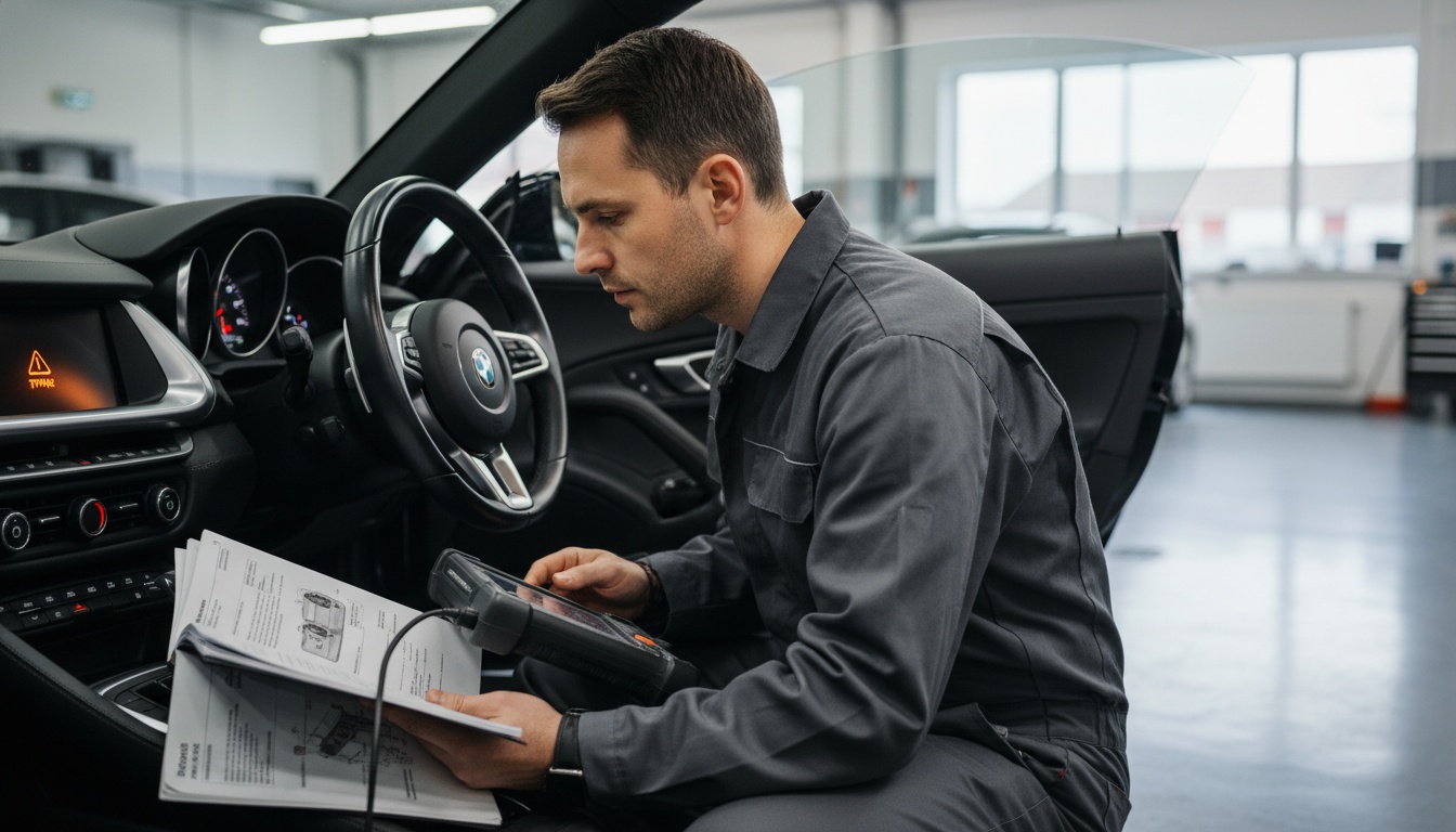 A professional mechanic uses a handheld diagnostic tool and service manual to reset a glowing TPMS warning light on a vehicle's dashboard inside a modern auto shop.
