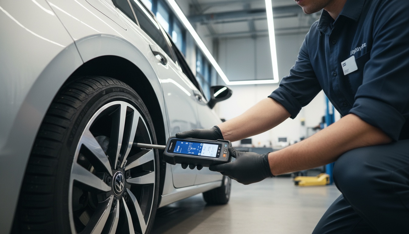A technician uses a digital handheld scan tool to test the tire sensor of a silver Volkswagen Golf in a bright, modern workshop.
