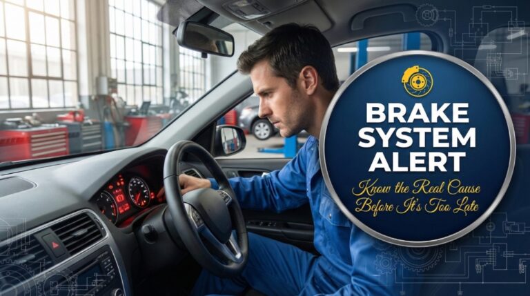 A focused mechanic inspects a glowing red brake warning light on a car's dashboard inside a professional garage.