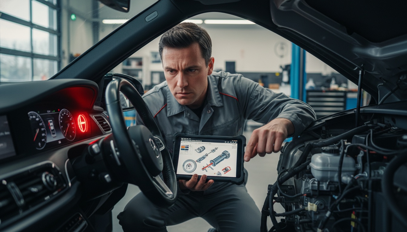 A focused automotive technician in a modern garage compares a digital diagnostic manual on a tablet to a glowing red brake warning light on a vehicle dashboard.