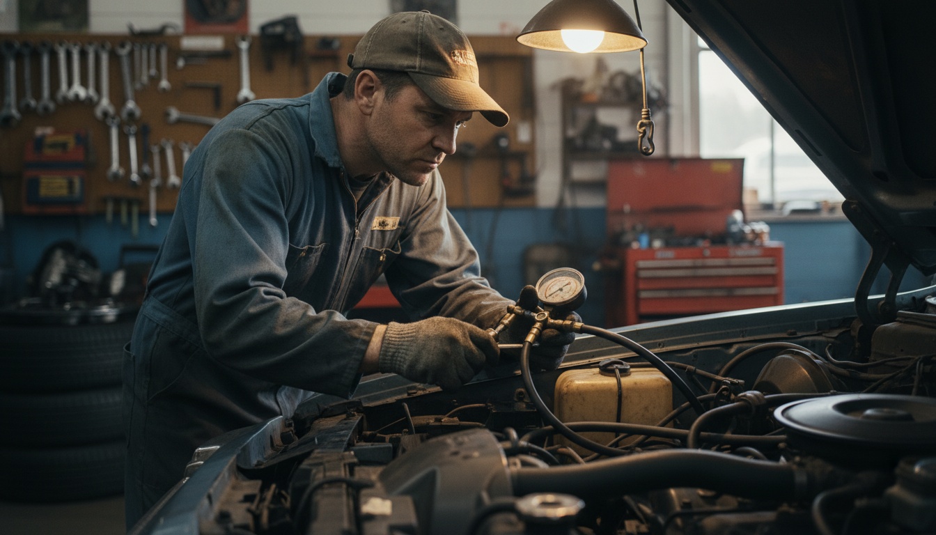 A mechanic measures hydraulic pressure on the master cylinder of a 1982 Buick Skylark in a gritty vintage workshop.
