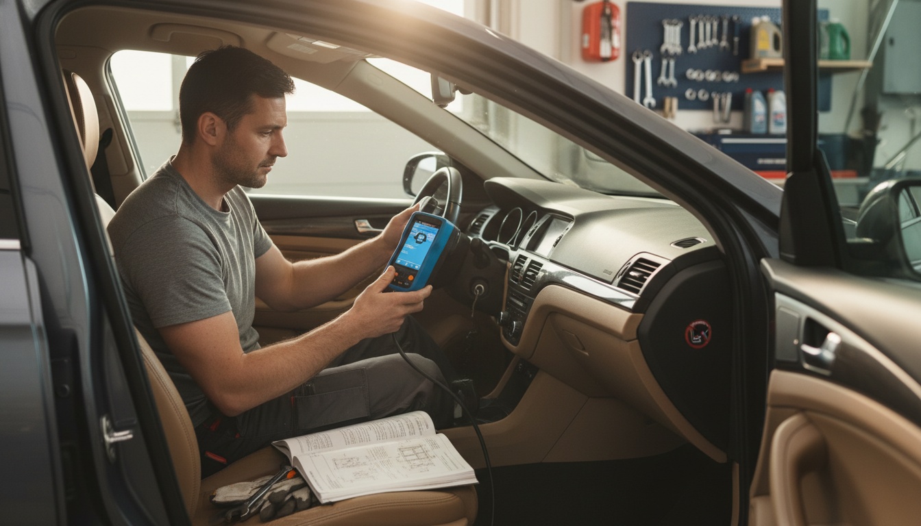 A car owner sits in a sedan in a bright garage while holding an illuminated OBD-II scanner with a workshop manual on the passenger seat.