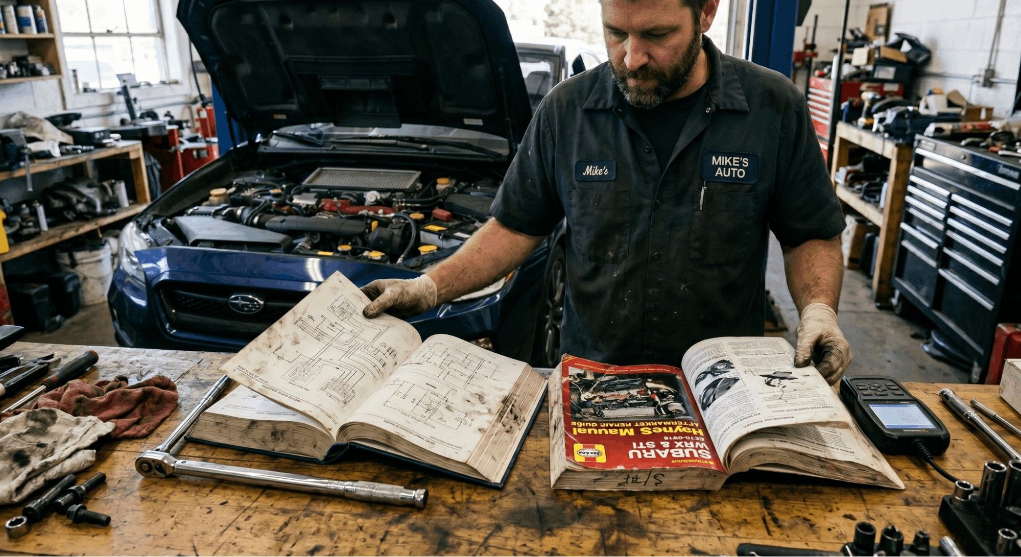 Mechanic comparing OEM and aftermarket repair manuals