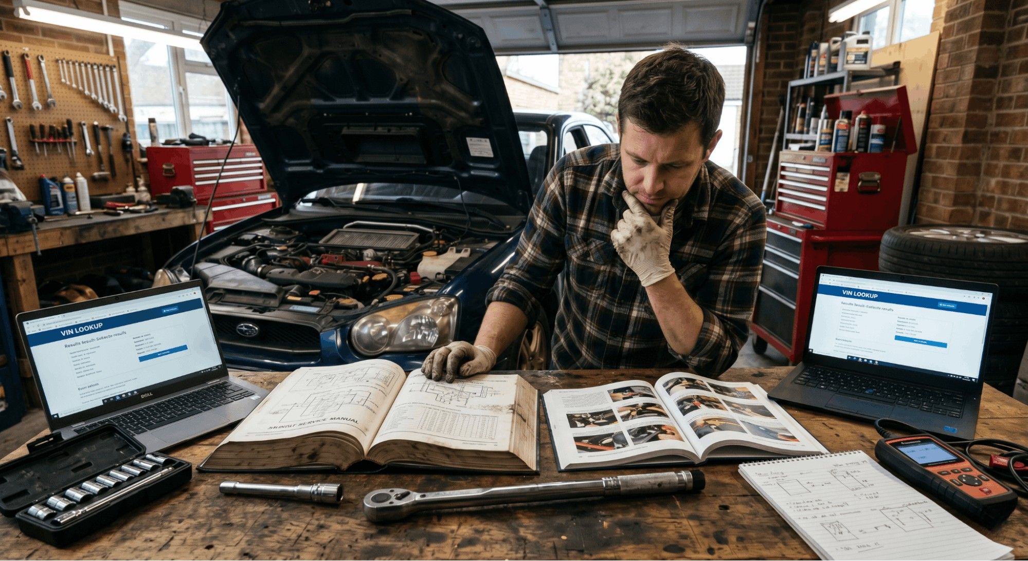 mechanic comparing repair manuals before car repair