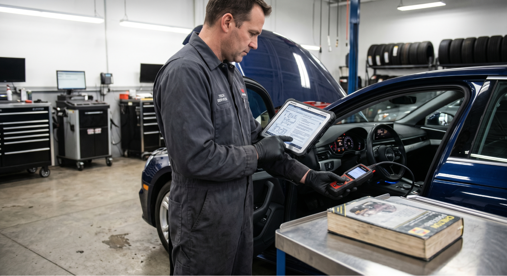 mechanic using OEM manual for car diagnostics and calibration