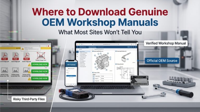 Genuine OEM workshop manual download on laptop in garage