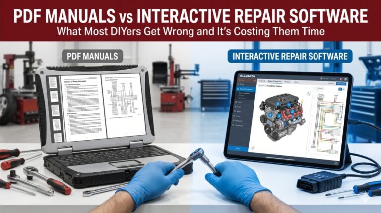 PDF manual vs interactive car repair software comparison on workshop desk