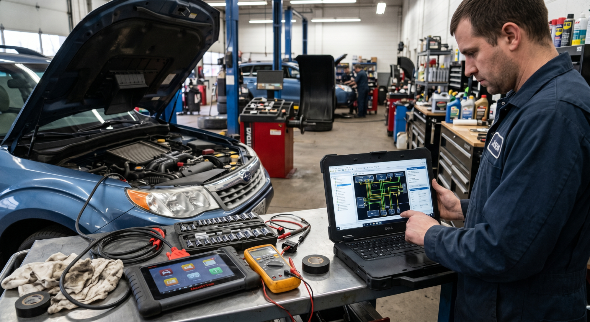 mechanic using interactive car repair software with live diagnostics
