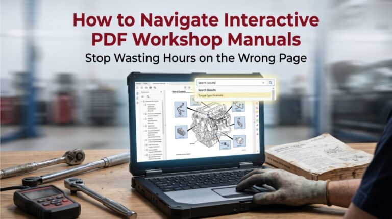Navigating large interactive PDF workshop manual on laptop