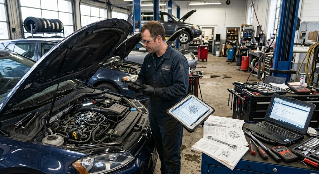 technician navigating interactive pdf workshop manual during car repair