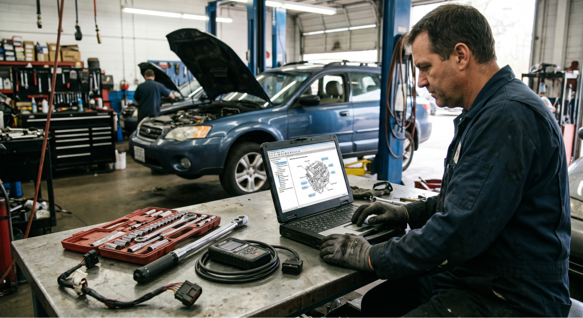 mechanic navigating hyperlinks inside digital workshop manual