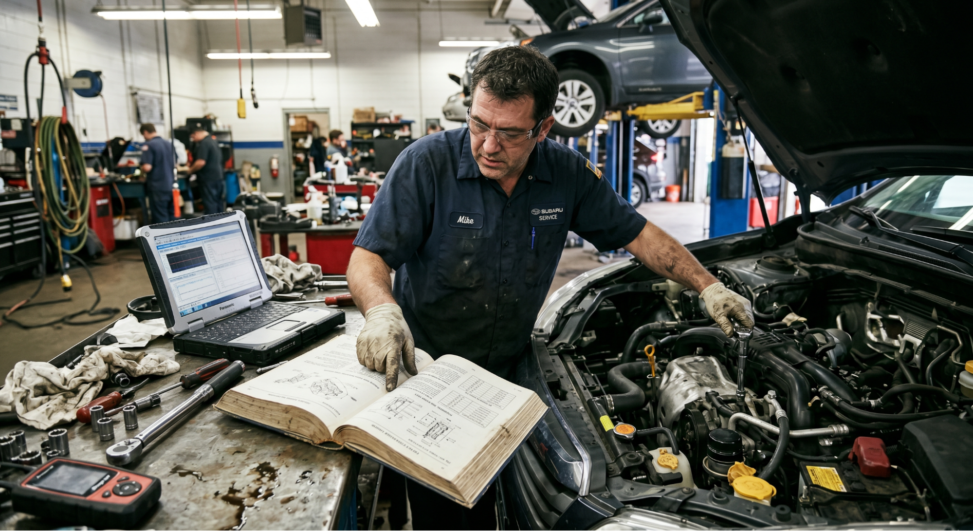 mechanic referencing factory service manual during repair