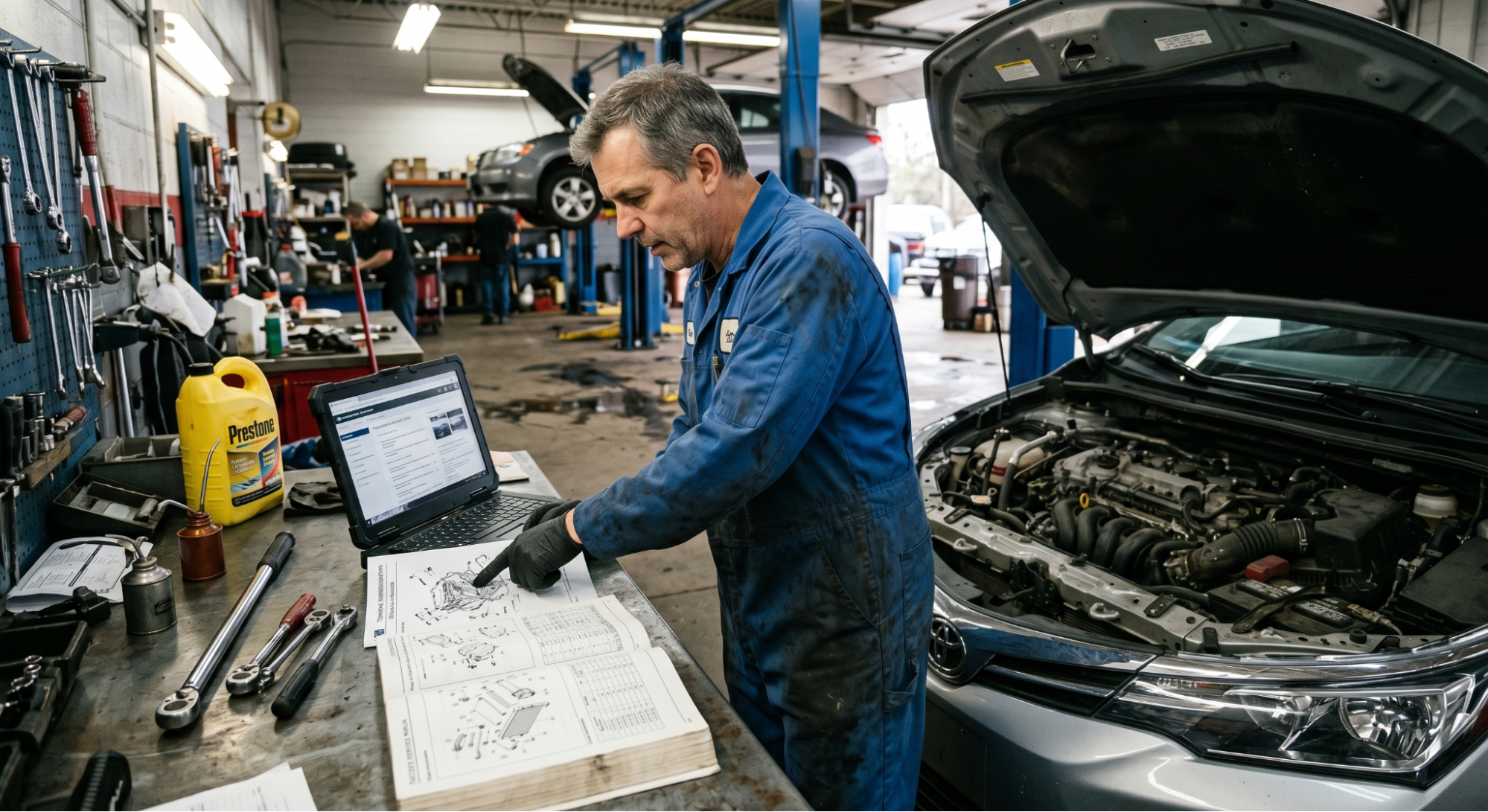 mechanic reviewing service bulletin during vehicle repair